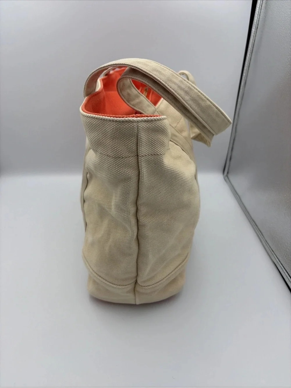 Tory Burch Beige Canvas Tote with Orange Logo Accent beach or summer handbag